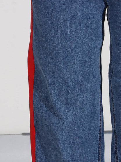 Jean droit rouge chic noué taille haute boutonné 