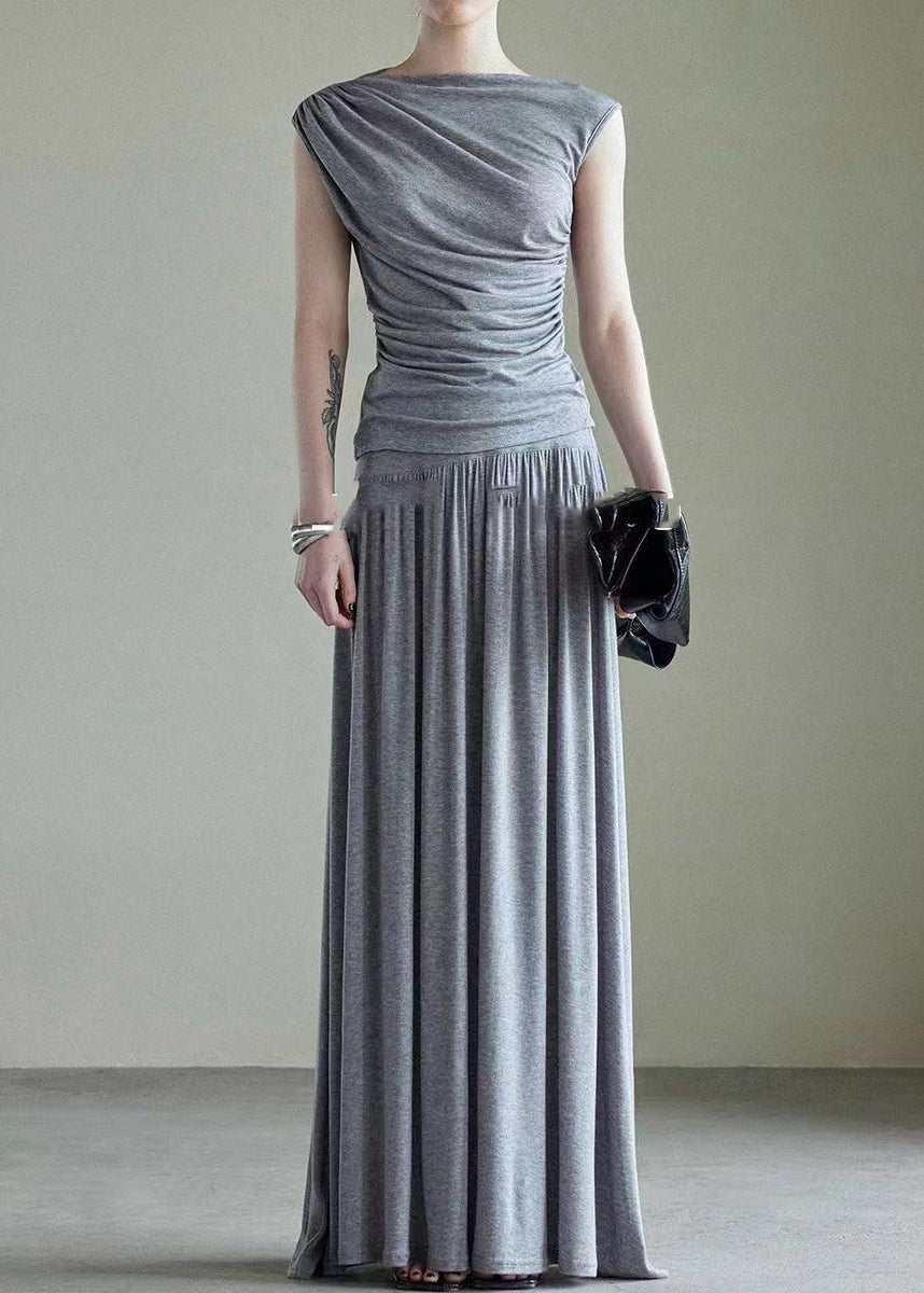 Handmade Grey Slash Neck Vest And Maxi Skirts Cotton Two Piece Set Sleeveless AJ1034