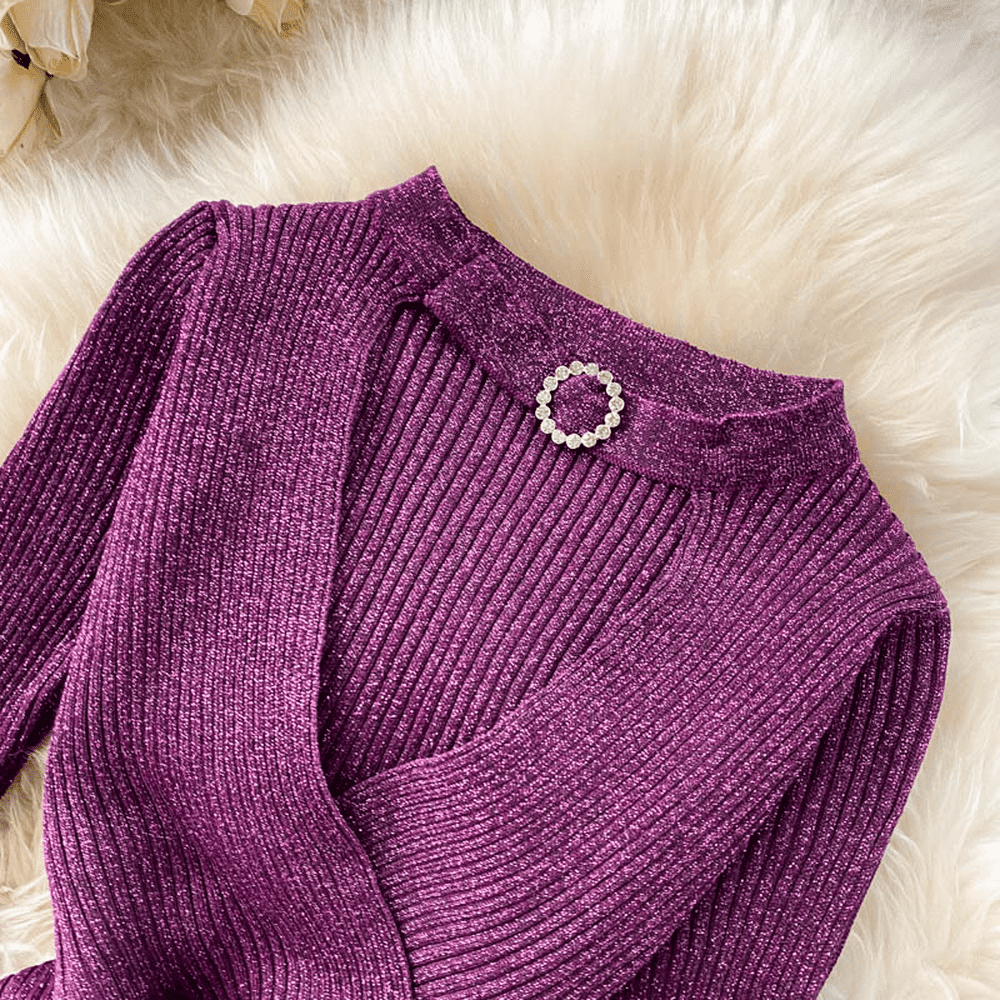 Modern Purple V-neck Hollow Out Halter Long Sleeve With Fur Knit Dress AR1009