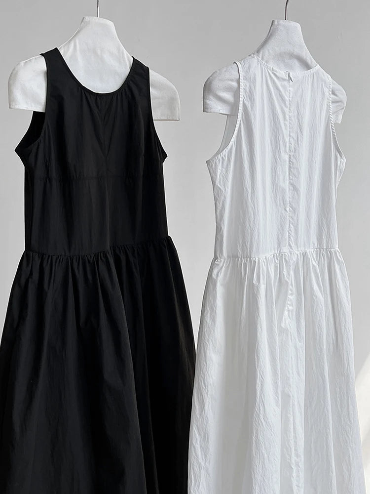 Patchwork-Kleid mit O-Ausschnitt, schlicht, ärmellos, blau, Puffsaum 