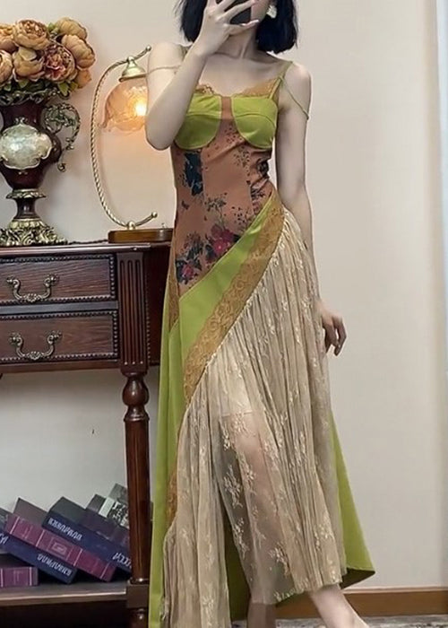 Spaghetti-Spitze Neues Grünes Kleid Patchwork-Träger Ärmellos