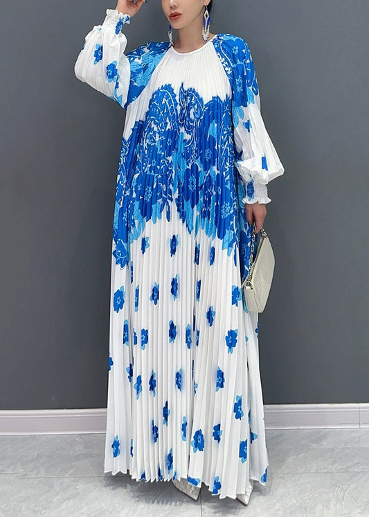 Style White Blue O Neck Print Wrinkled Long Dresses Petal Sleeve AO1001