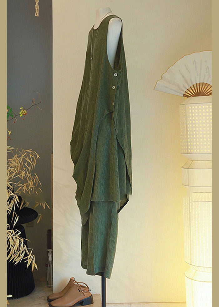 Button Cotton Set Sleeveless Asymmetrical Two Pieces Women Green