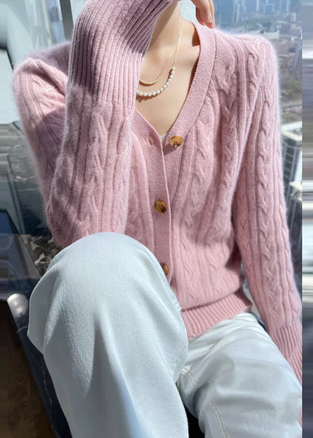 Italian Pink V Neck Solid Cable Wool Knit Cardigans Fall QP015