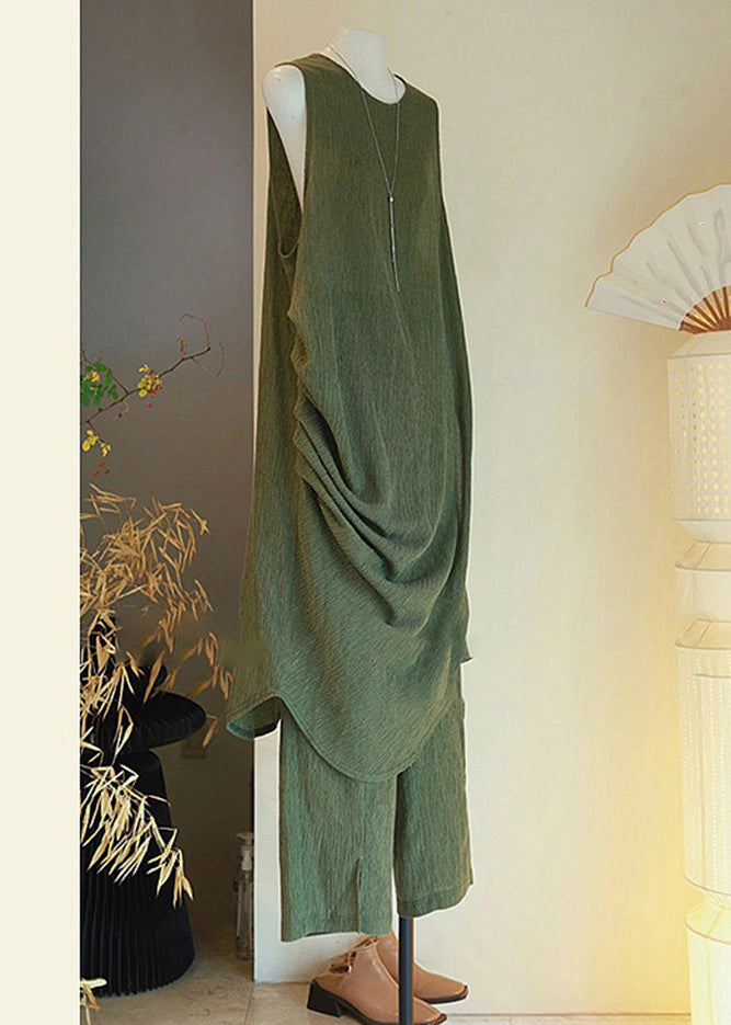 Button Cotton Set Sleeveless Asymmetrical Two Pieces Women Green