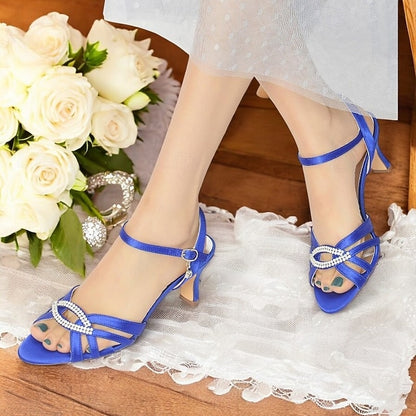 Women's Strappy Dark Heels Satin Rhinestone Blue with