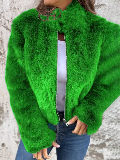 Breathable Casual Plain Faux Women's Fur Coat Warm Zipper
