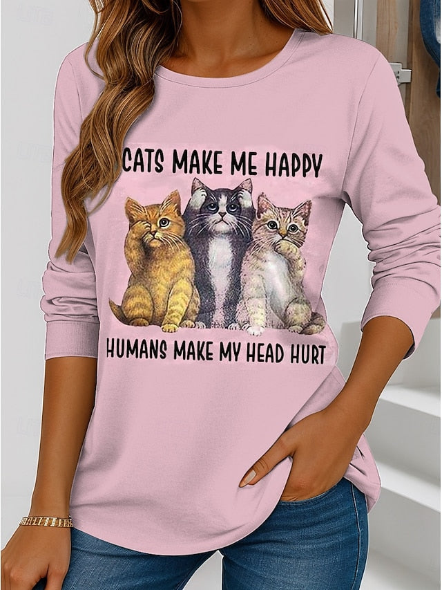 Women's T shirt Crew Neck Long Sleeve Tunic Graphic Cat