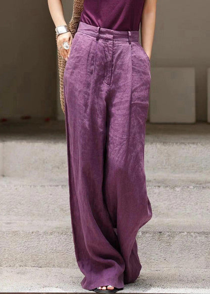 Pantalon large taille haute en lin bio avec poches violettes Automne AN1019 