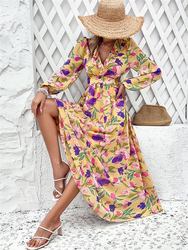 Women's Floral V Neck Maxi Dress Long Sleeve Summer Spring