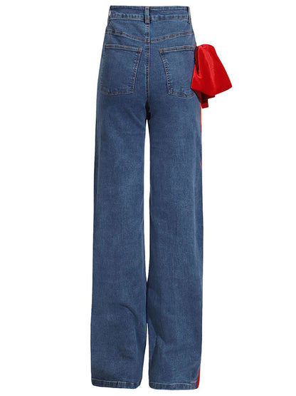 Jean droit rouge chic noué taille haute boutonné 