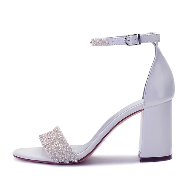 Women's White Block Strap Ankle Embellished Pearl Ivory