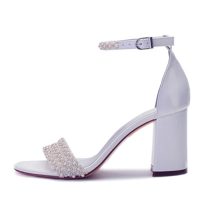 Women's White Block Strap Ankle Embellished Pearl Ivory
