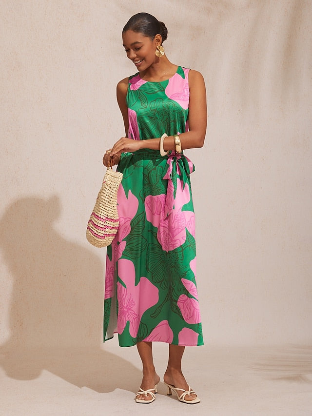 Vacation Contrast Color Floral Print Satin Maxi Dress