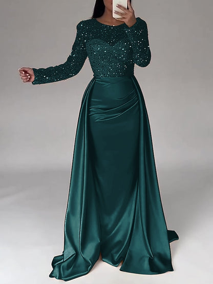 Evening Long Dress Gown Mermaid RuchedSatin Sleeves Sequin