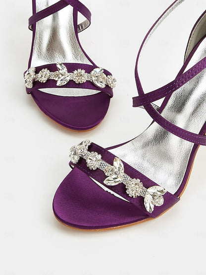 Stiletto Heels Straps with Purple Satin Women's Rhinestone