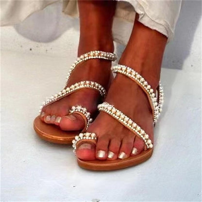 – Strappy Women's Sandals Flat Pearl-Embellished Elegant