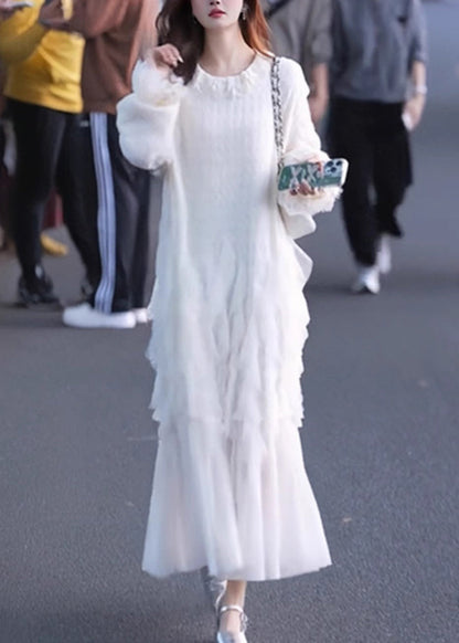 Weiß Maxi Ärmel Solide Tüll Schmetterling Kleider Elegante