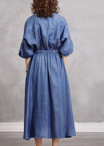 Robe longue en jean bleu vintage brodée à taille élastique et manches lanternes NN024 