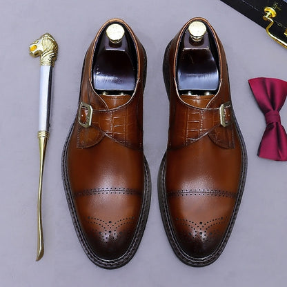 Genuine Leather Strap Black First Dress Monk Men's Shoes-