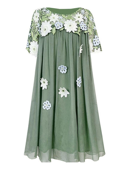 Robe mi-longue en tulle brodée à col rond et manches courtes style bohème vert AZ1018 