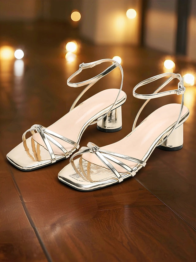 Ankle Metallic Women's Gold Block Shiny Heels Strap –