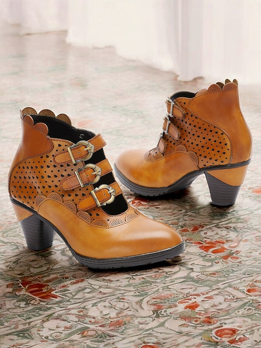 Boots Perforated Buckle Brown Women's - Vintage Strap Ankle