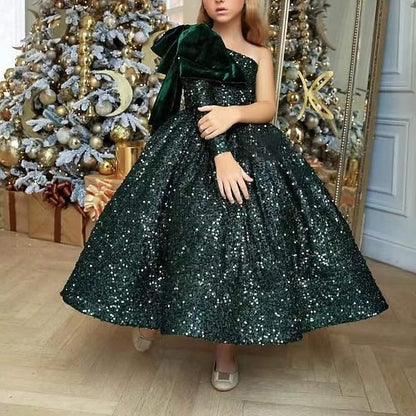 Sequins Dress Wedding Party Long Girls' Sequin Kids Sleeve