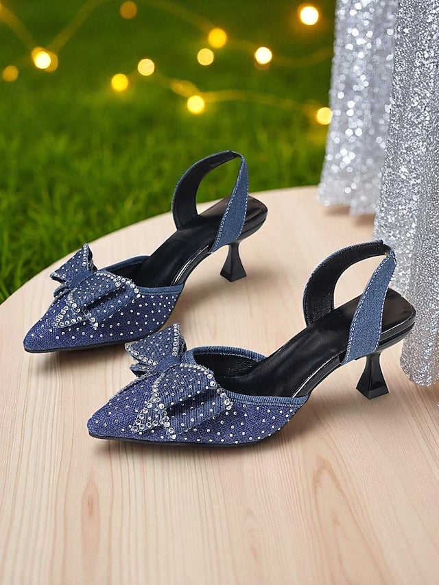 Slingback Bow Pointed Women's - Heels Sparkly Rhinestone