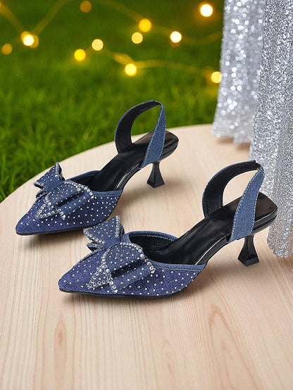Slingback Bow Pointed Women's - Heels Sparkly Rhinestone