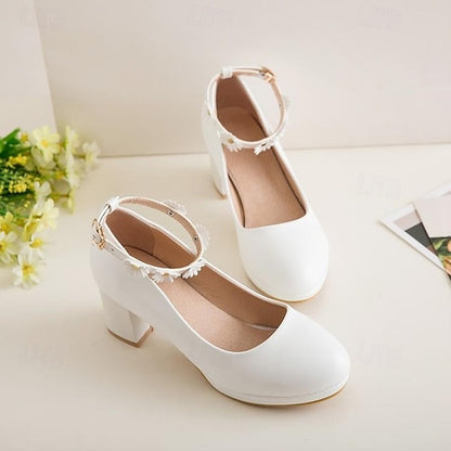 Ankle Daisy Block Heel Flower with Girls' White Shoes