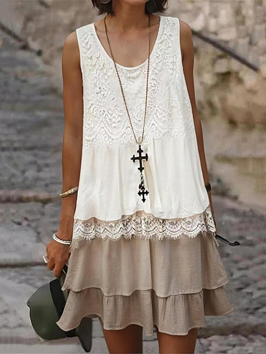 Women's White Bohemian Dress Lace Dress Detailed Layered