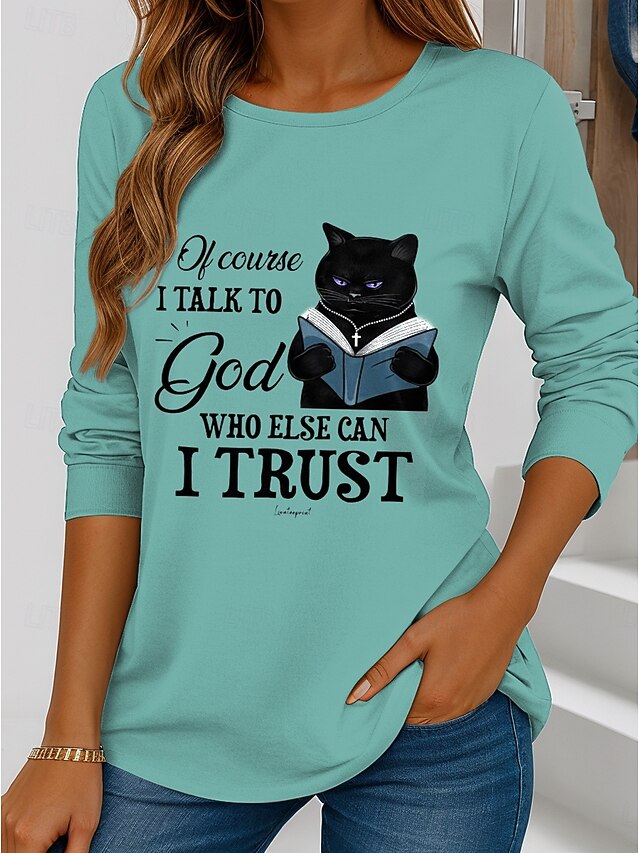 Women's T shirt Crew Neck Long Sleeve Tunic Graphic Cat