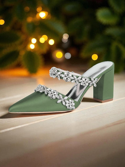 Block Satin Women's Heel Rhinestone Mules with Floral Black