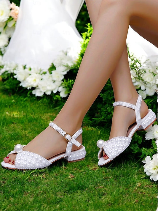 – Heel Women's Sandals Low White Pearl-Embellished