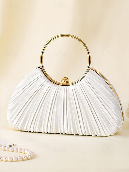 with - Elegant Handle Clutch Ring Green Gold Pleated Velvet