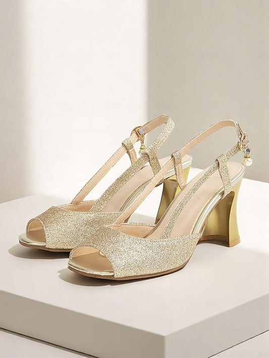 Slingback Gold Open-Toe Sparkly Women's Heels - Glitter