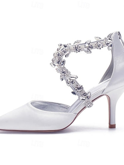 Heels Satin Women's White Pointed Crystal Strap – Elegant