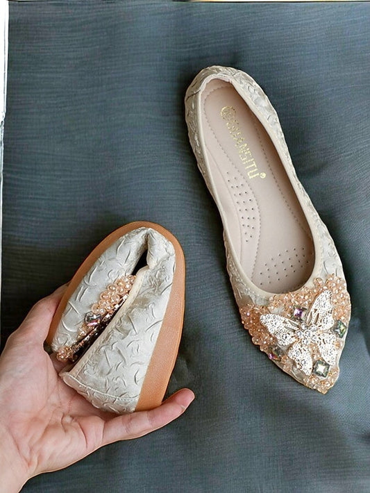 Ballet with Flats Women's Foldable Embroidered Beaded
