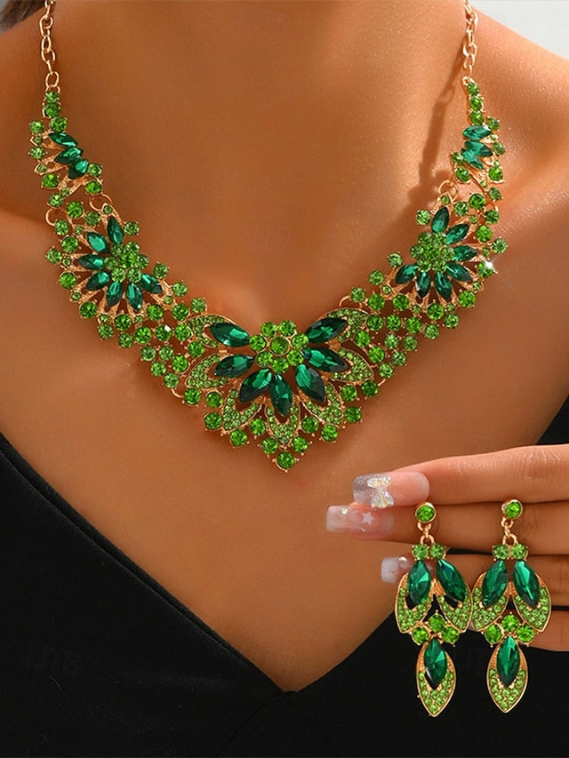 Green Crystal Elegant Statement Set Jewelry Necklace –