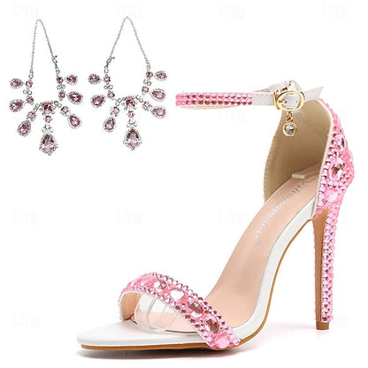 Women's Ankle Stiletto with Matching Rhinestone Heels Green