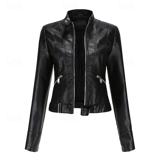 Faux Comfortable Pocket Women's Leather Jacket Zipper