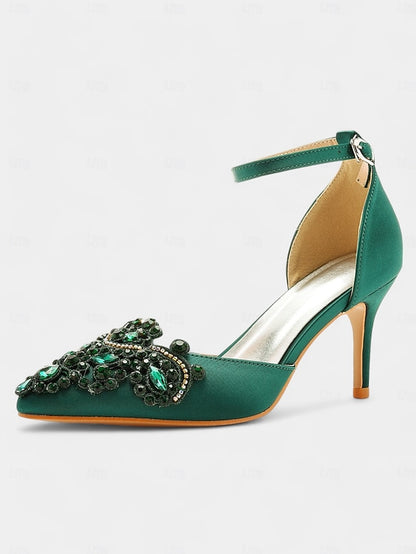 Ankle Emerald Strap Women's Green Heels Pointed Satin –