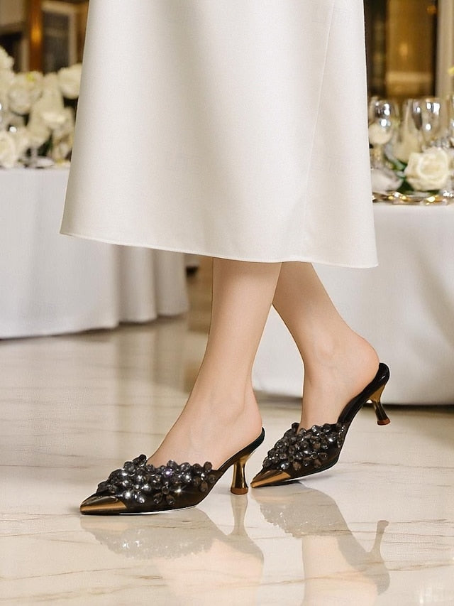 Black – Pointed-Toe Embellished Mules Women's Rhinestone