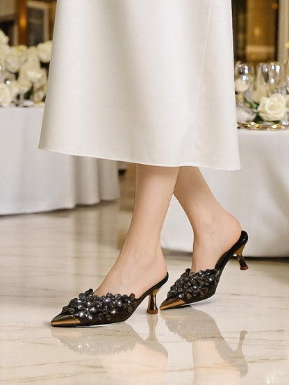Black – Pointed-Toe Embellished Mules Women's Rhinestone