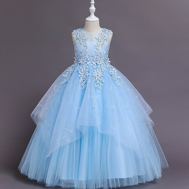 A Girls' Floral Solid Line Colored Kids Dress