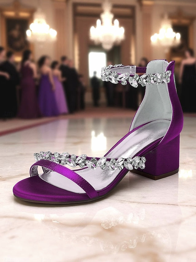 Purple Satin Crystal Sandals - Women's Heel Block