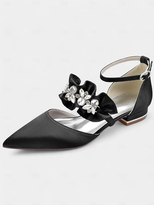 Black Rhinestone Flats Pointed-Toe Satin Women's with
