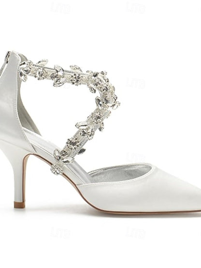 Heels Satin Women's White Pointed Crystal Strap – Elegant