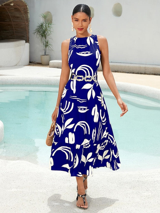 Satin Leaves Sleeveless Maxi Dress (No Belt)